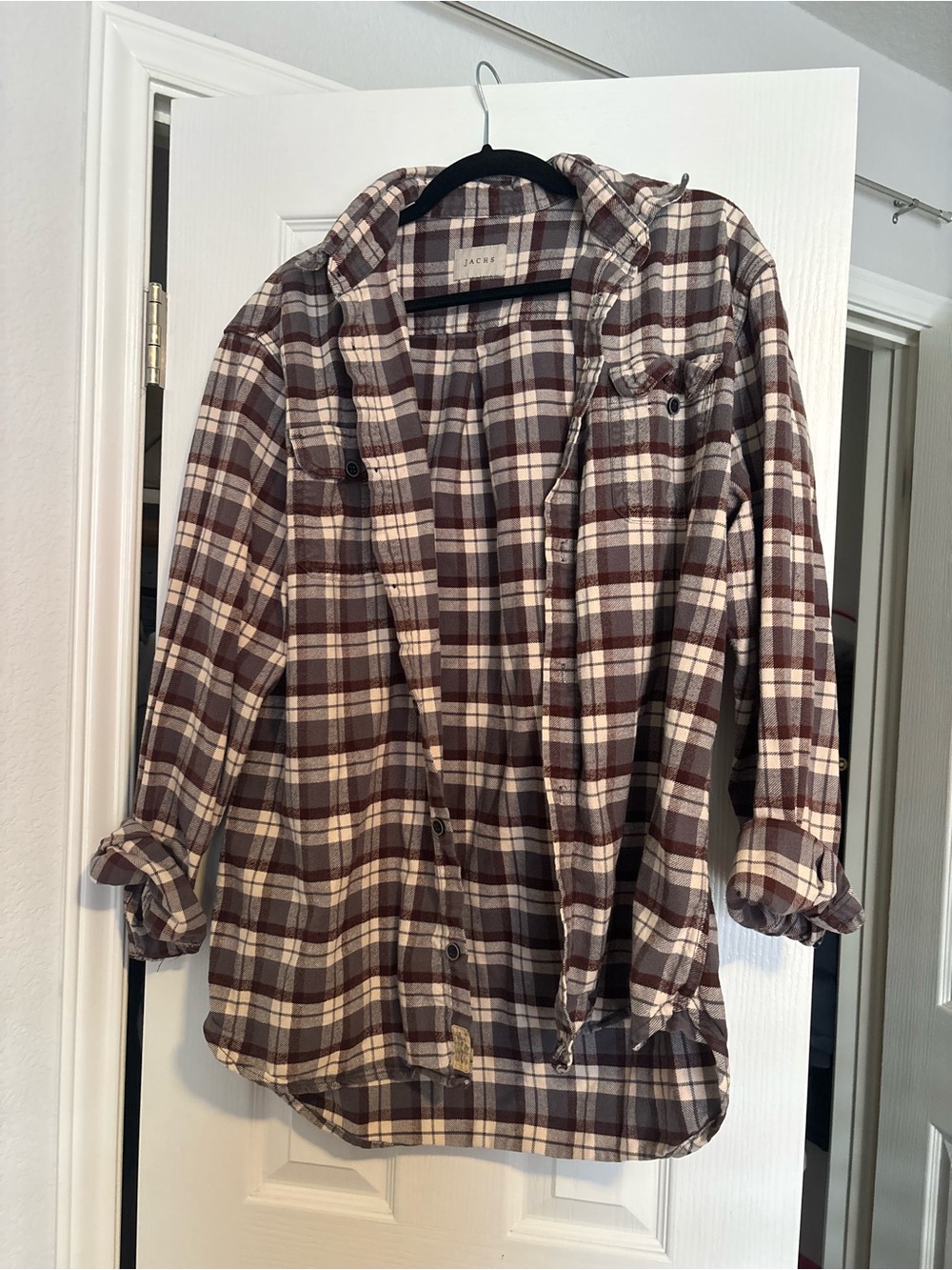 Jachs Brown, Cream & Gray Plaid Hooded Flannel Shirt